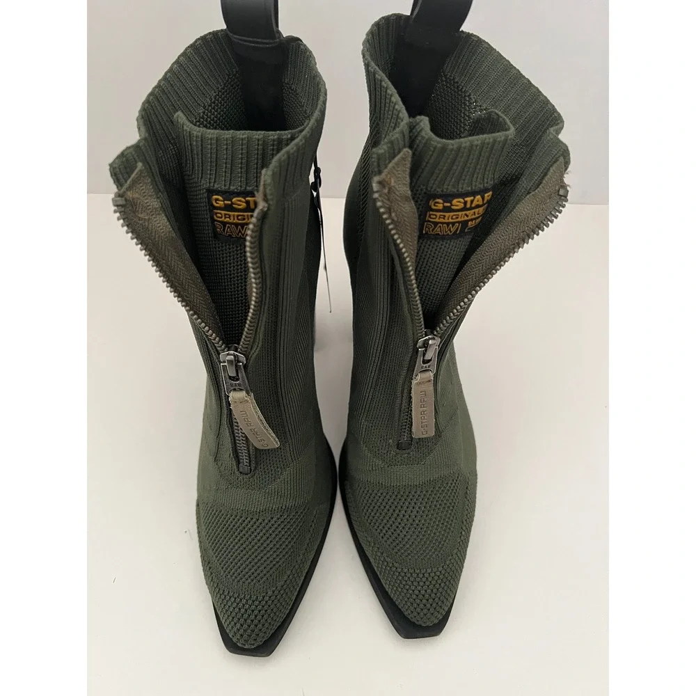 G-Star RAW Rackam Sock Boots Green Knit Front Zip Block Heel Ankle Boots NEW